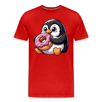 Mignon pingouin grignote sur beignet bande dessinée - T-shirt bio Premium Homme - rouge - Devant - Damien (186cm)