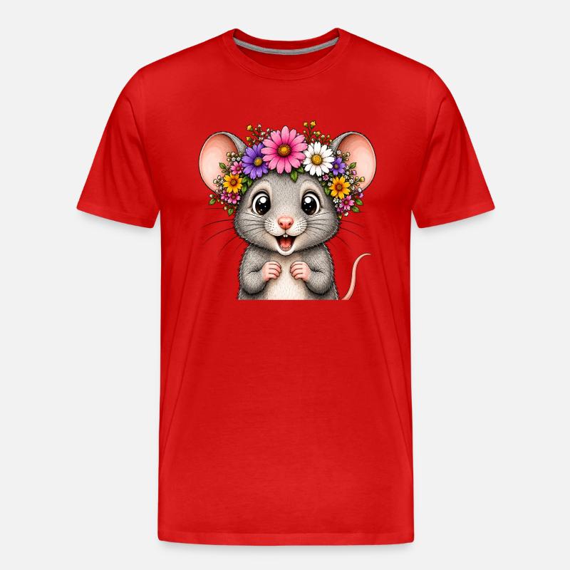 Fröhliche Maus mit Blumenschmuck  - Männer Premium Bio T-Shirt - Rot