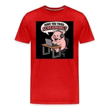 Cochon au bureau des casques - T-shirt bio Premium Homme - rouge - Devant - Damien (186cm)