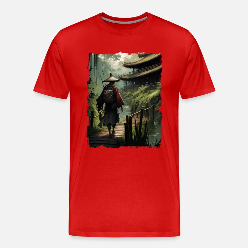 Samurai Japanischer Tempel Brücke Fluss - Männer Premium Bio T-Shirt - Rot