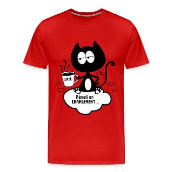 Chat fatigué avec café, réveil en chargement ! - T-shirt bio Premium Homme - rouge - Devant - Damien (186cm)