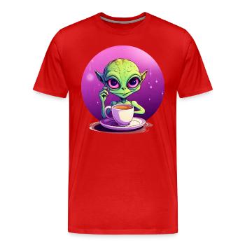 Mitternachts-Kaffee: Der grüne Alien-Trinker - Männer Premium Bio T-Shirt - Rot - Vorne - Damien (186cm)