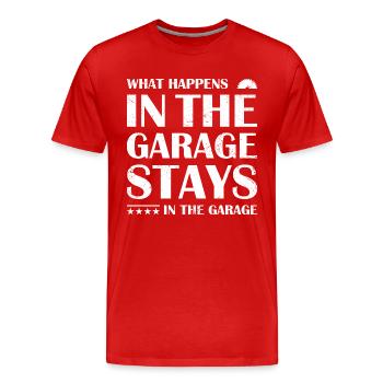 What Happens In Garage Stays In Garage Woodworking - Men's Premium Organic T-Shirt - red - Front - Damien (186cm)