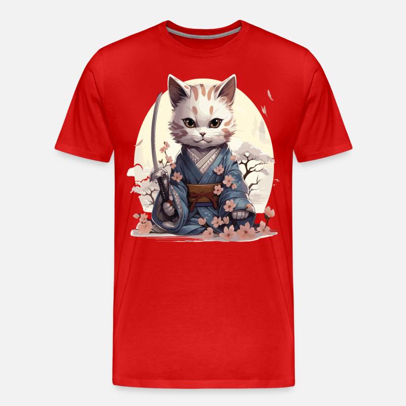 Kawaii Samurai-Katze mit Katana - Männer Premium Bio T-Shirt - Rot