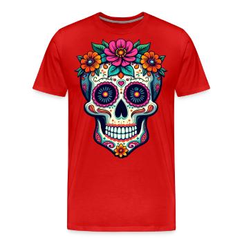 Floraler Zuckerschädel – Lebendige Kunst zum Tag der Toten - Männer Premium Bio T-Shirt - Rot - Vorne - Damien (186cm)