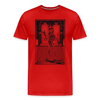 Skelett mit Skateboard vor Backsteinmauerwerk - Männer Premium Bio T-Shirt - Rot - Vorne - Damien (186cm)