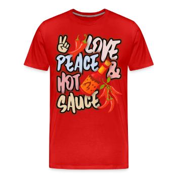 Pepperoni, sauce piquante au poivre, paix et amour - T-shirt bio Premium Homme - rouge - Devant - Damien (186cm)