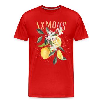Zitrone, botanische Illustration, Zitronenblüten - Männer Premium Bio T-Shirt - Rot - Vorne - Damien (186cm)