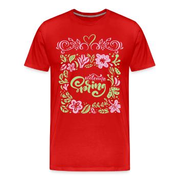 Printemps, Dire Bienvenue-Printemps, Typographie - T-shirt bio Premium Homme - rouge - Devant - Damien (186cm)