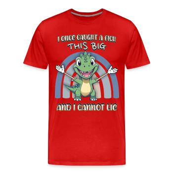 Dino Angler, Fischen, lustiger Comic Dinosaurier - Männer Premium Bio T-Shirt - Rot - Vorne - Damien (186cm)