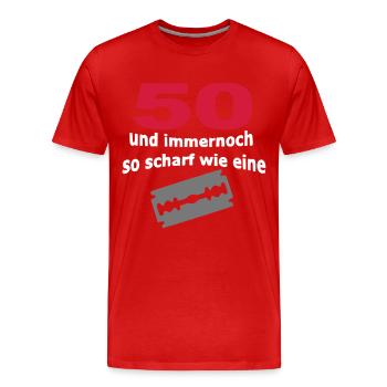 50. Geburtstag – 50 scharf wie eine Rasierklinge - Männer Premium Bio T-Shirt - Rot - Vorne - Damien (186cm)