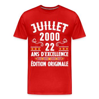 22 Ans Anniversaire Vintage Né(e) en Juillet 2000 - T-shirt bio Premium Homme - rouge - Devant - Damien (186cm)