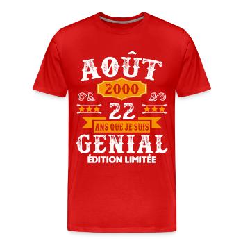 22 Ans Anniversaire Vintage Né(e) en Août 2000 - T-shirt bio Premium Homme - rouge - Devant - Damien (186cm)