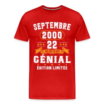 22 Ans Anniversaire Vintage Né(e) Septembre 2000 - T-shirt bio Premium Homme - rouge - Devant - Damien (186cm)