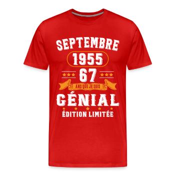 67 Ans Anniversaire Vintage Né(e) Septembre 1955 - T-shirt bio Premium Homme - rouge - Devant - Damien (186cm)