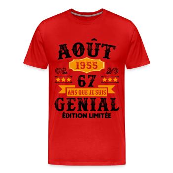 67 Ans Anniversaire Vintage Né(e) en Août 1955 - T-shirt bio Premium Homme - rouge - Devant - Damien (186cm)