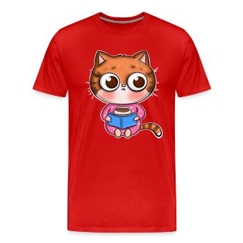 Katze Lesen Bücher Buch - Männer Premium Bio T-Shirt - Rot - Vorne - Damien (186cm)