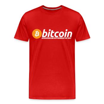 logo Bitcoin avec titre d'appel blanc - T-shirt bio Premium Homme - rouge - Devant - Damien (186cm)