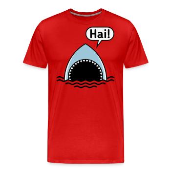 Hai! (Haifisch / Sprechblase / Comic / Cartoon) - Männer Premium Bio T-Shirt - Rot - Vorne - Damien (186cm)