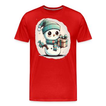 Délice festif : bonhomme de neige de dessin animé avec un cadeau - T-shirt bio Premium Homme - rouge - Devant - Damien (186cm)
