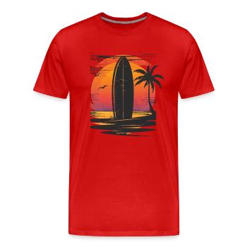 Surfbrett Sonnenuntergang Palmen Silhouette - Männer Premium Bio T-Shirt - Rot - Vorne - Damien (186cm)