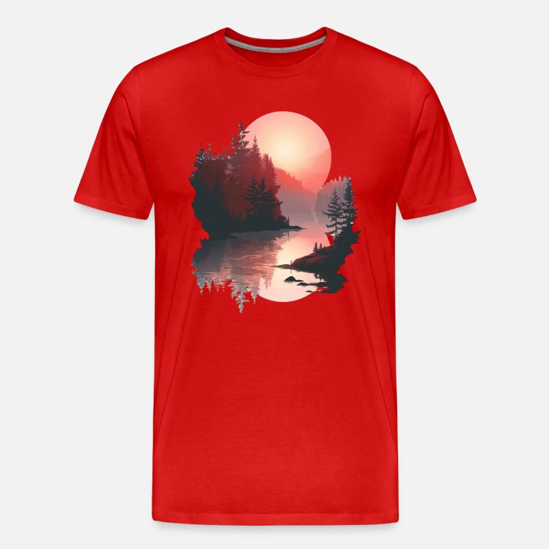 Coucher de soleil, Réflexion, Forêt, Scène - T-shirt bio Premium Homme - rouge
