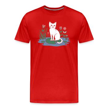 Chat cottagecore sur nénuphar dans le jardin - T-shirt bio Premium Homme - rouge - Devant - Damien (186cm)