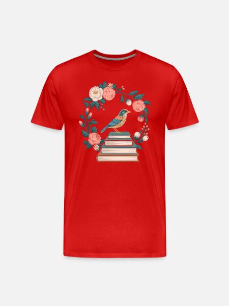 Cottagecore uccello e fiori pila di libri - Maglietta ecologica premium da uomo - rosso