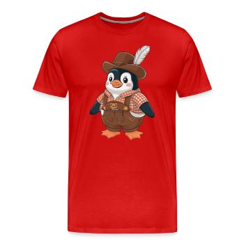 Penguin in traditional dirndl with hat and feather - Men's Premium Organic T-Shirt - red - Front - Damien (186cm)