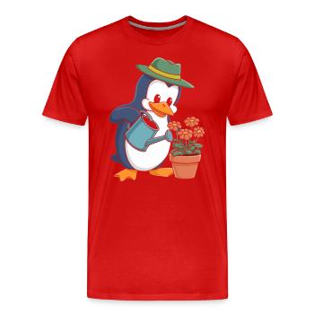 Pingouin jardinier avec arrosoir en action - T-shirt bio Premium Homme - rouge - Devant - Damien (186cm)