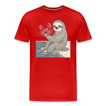 Signe du zodiaque Cancer paresseux avec crabe au bord de la mer - T-shirt bio Premium Homme - rouge - Devant - Damien (186cm)