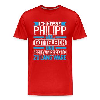 PHILIPP - Gottgleich Geschenk - Männer Premium Bio T-Shirt - Rot - Vorne - Damien (186cm)