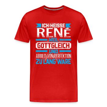 RENE - Gottgleich Geschenk - Männer Premium Bio T-Shirt - Rot - Vorne - Damien (186cm)