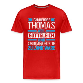 THOMAS - Gottgleich - Männer Premium Bio T-Shirt - Rot - Vorne - Damien (186cm)