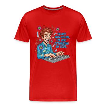 Code Optimierer: Anti-sozial? Nur am Coden! - Männer Premium Bio T-Shirt - Rot - Vorne - Damien (186cm)