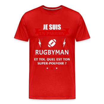 Je suis un parrain rugbyman super pouvoir, Noël - T-shirt bio Premium Homme - rouge - Devant - Damien (186cm)