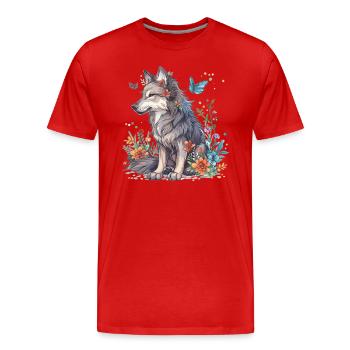 Wolf with flowers and butterflies - Men's Premium Organic T-Shirt - red - Front - Damien (186cm)