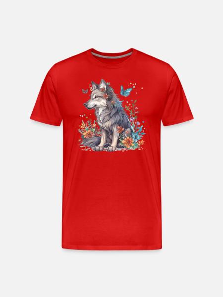 Wolf mit Blumen und Schmetterlingen - Männer Premium Bio T-Shirt - Rot