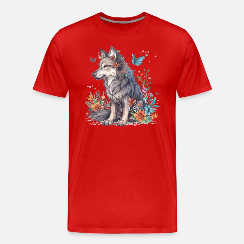 Wolf mit Blumen und Schmetterlingen - Männer Premium Bio T-Shirt - Rot