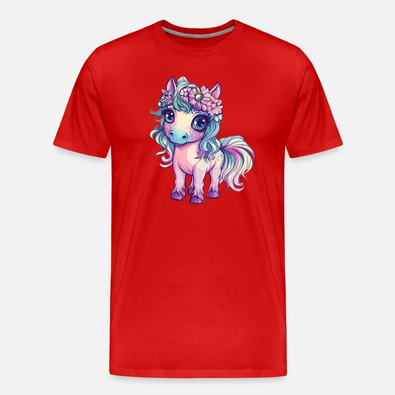 Regenbogenpony mit Blumen - Männer Premium Bio T-Shirt - Rot