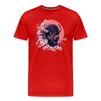 Bison mit Kirschblüten - Männer Premium Bio T-Shirt - Rot - Vorne - Damien (186cm)