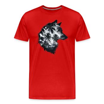 Wolfssilhouette mit Palmen und Sonnenlicht - Männer Premium Bio T-Shirt - Rot - Vorne - Damien (186cm)