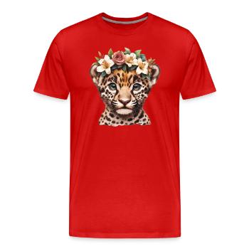 Baby leopard with flower wreath - Men's Premium Organic T-Shirt - red - Front - Damien (186cm)