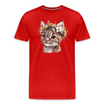 Wildkatze mit Blumenkranz - Männer Premium Bio T-Shirt - Rot - Vorne - Damien (186cm)