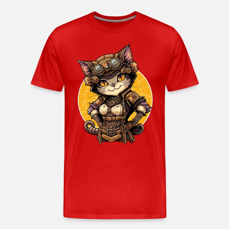 Steampunk Katze - Männer Premium Bio T-Shirt - Rot