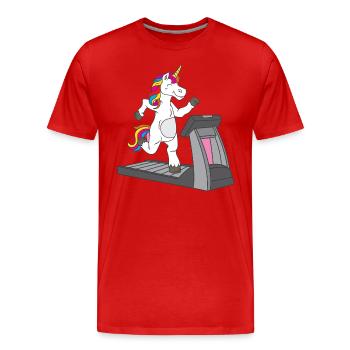 Sportliches Einhorn auf dem Laufband - - Männer Premium Bio T-Shirt - Rot - Vorne - Damien (186cm)