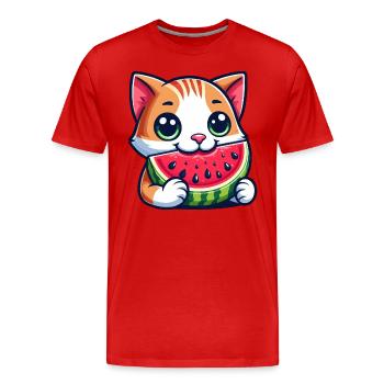 Chat avec melon drôle fruit dessin animé chat - T-shirt bio Premium Homme - rouge - Devant - Damien (186cm)