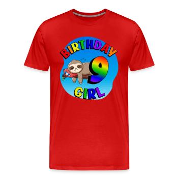 Anniversaire 9 Filles Mignon Bébé Paresseux - T-shirt bio Premium Homme - rouge - Devant - Damien (186cm)