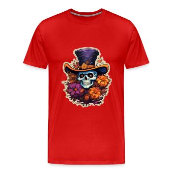 Totenkopf mit Blumen und Hut Halloween - Männer Premium Bio T-Shirt - Rot - Vorne - Damien (186cm)