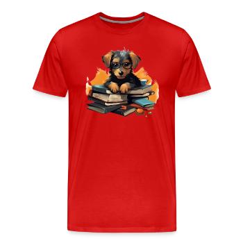 Chien, Livre, Lunettes, Intelligent, Livresque, Lecture, Education - T-shirt bio Premium Homme - rouge - Devant - Damien (186cm)